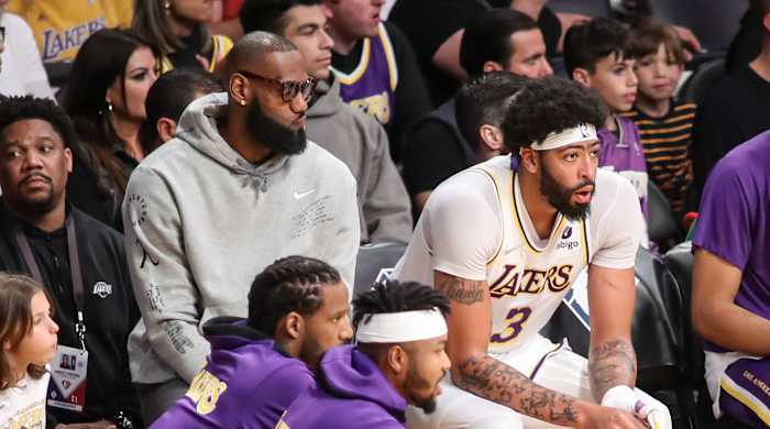LOS ANGELES, CA - APRIL 03: Los Angeles Lakers forward LeBron James (6) sits with Los Angeles Lakers forward Anthony Davis (3) on the bench during the Denver Nuggets vs Los Angeles Lakers game on April 03, 2022, at Crypto.com Arena in Los Angeles, CA.